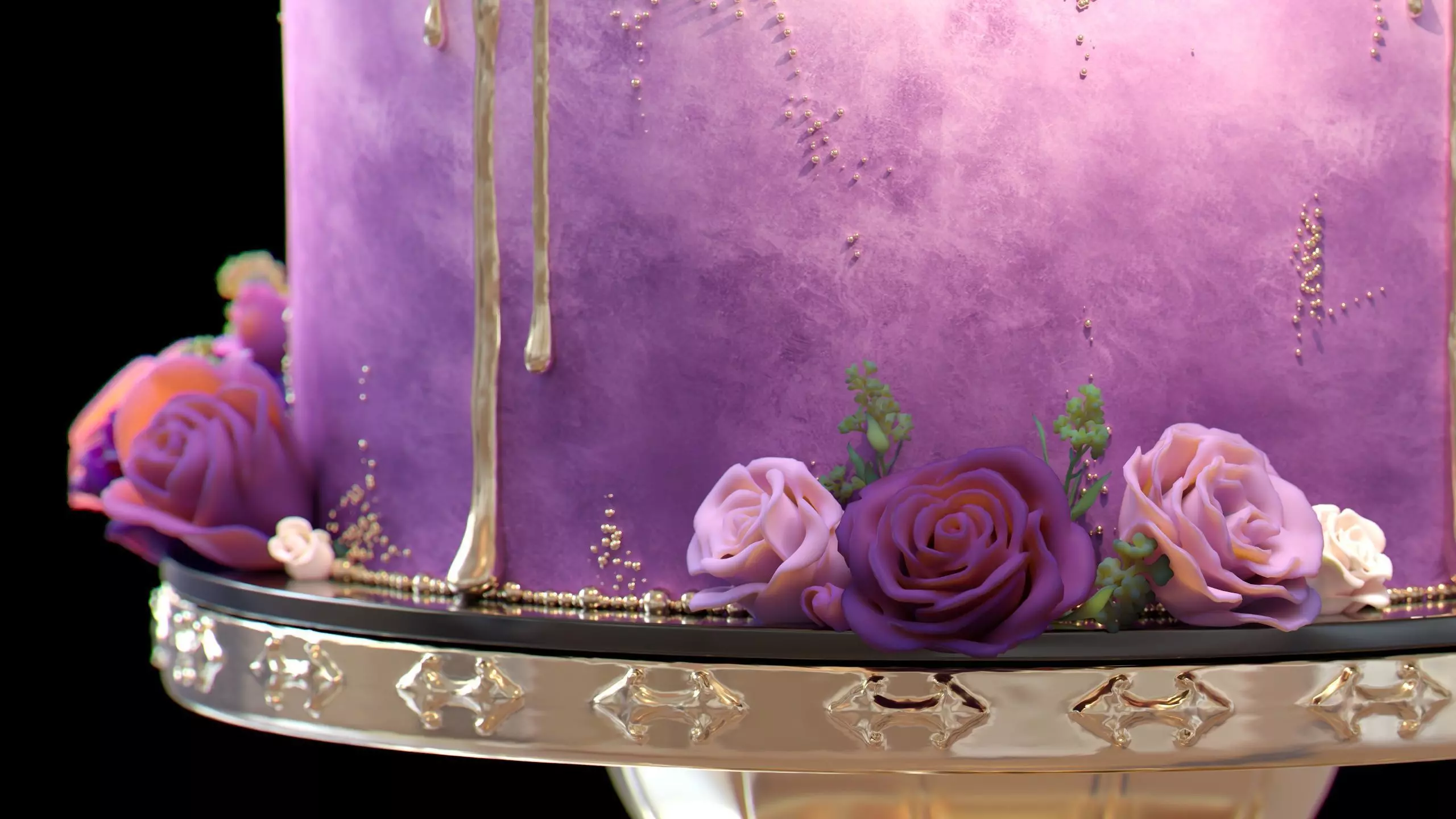 Luxury Wedding Cake with Flowers  Tiered Floral Purple  Gold Low-poly 3D model_3