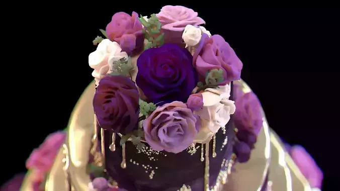 Luxury Wedding Cake with Flowers  Tiered Floral Purple  Gold Low-poly 3D model 7