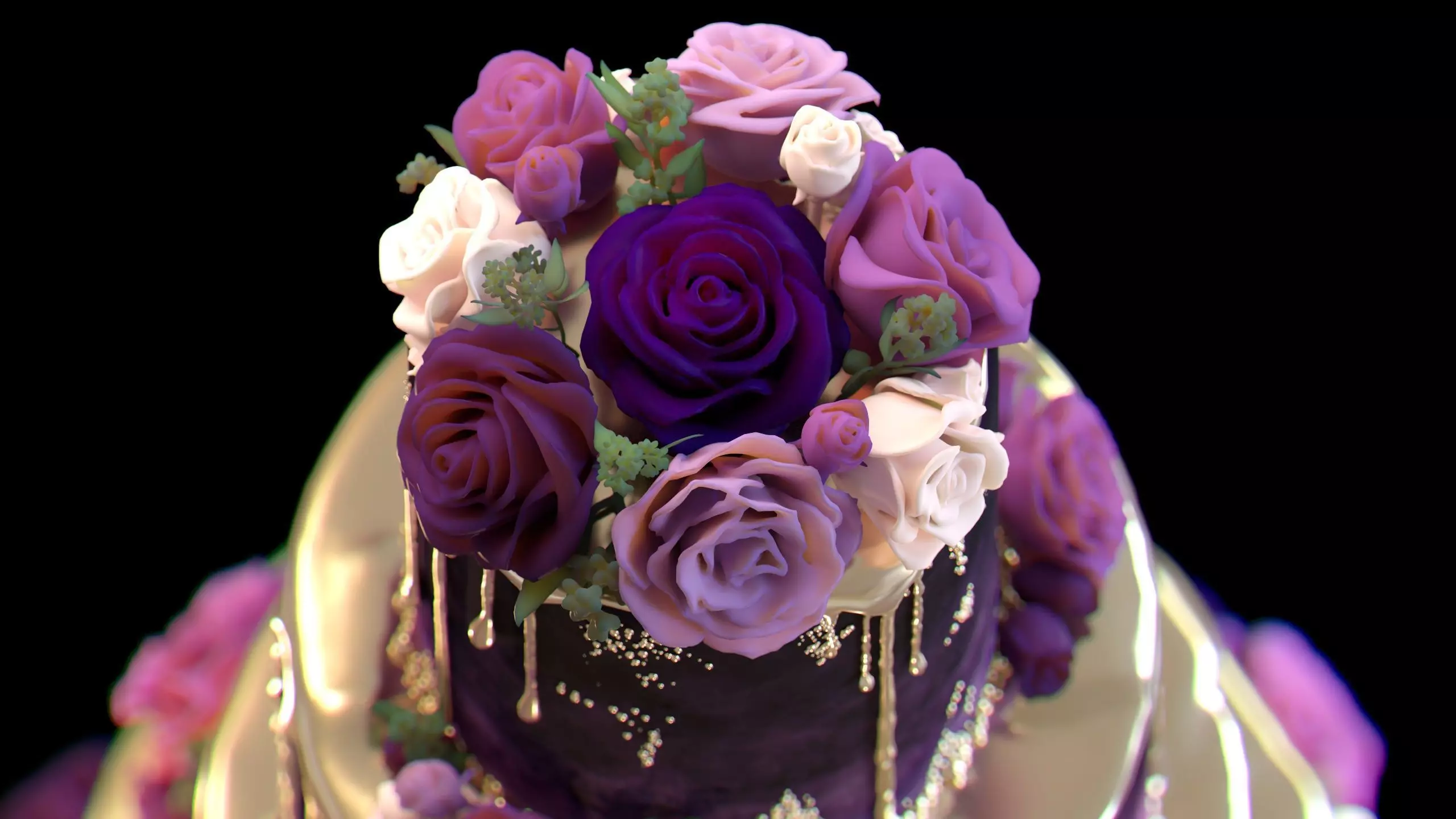 Luxury Wedding Cake with Flowers  Tiered Floral Purple  Gold Low-poly 3D model_8