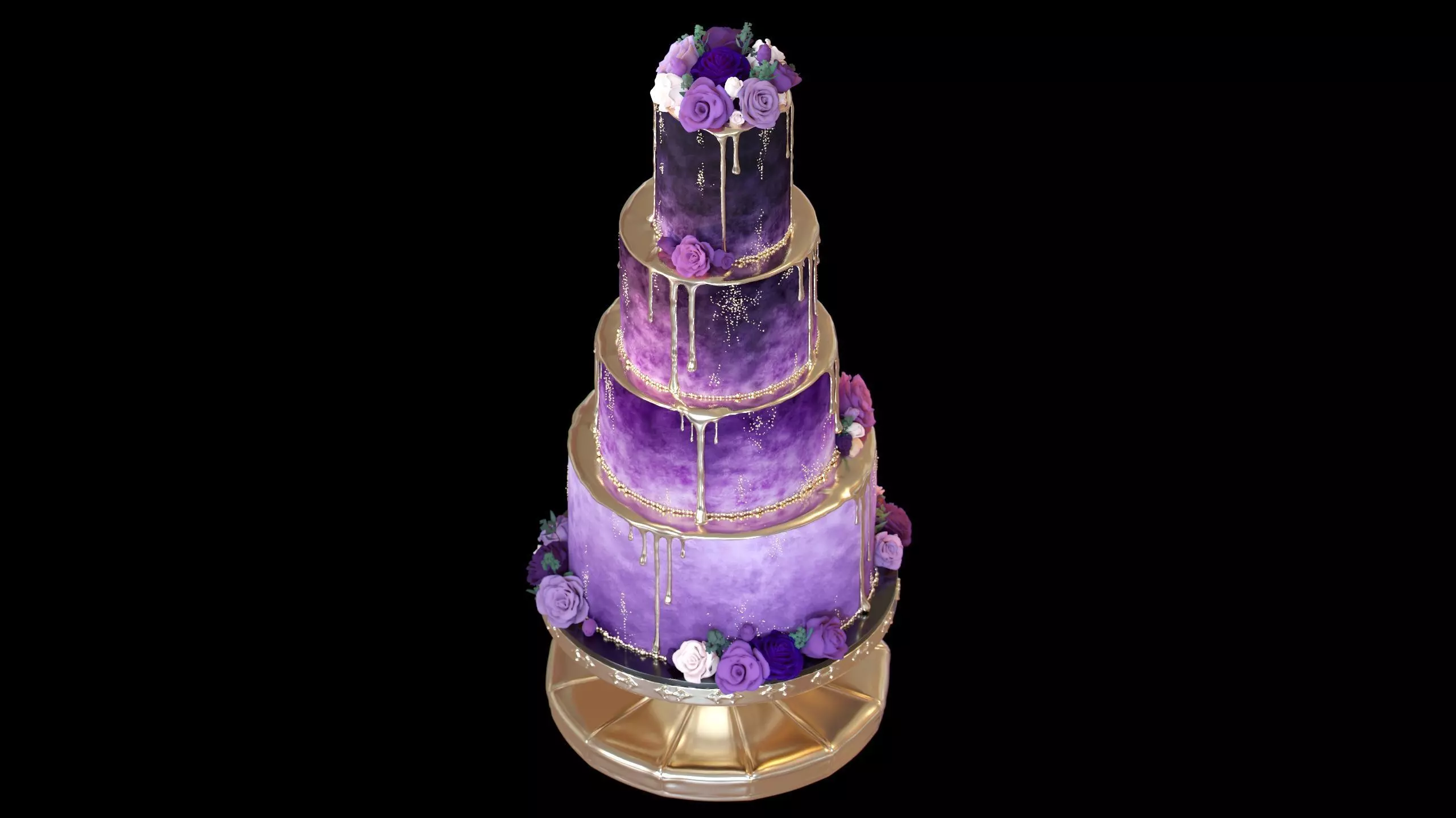 Luxury Wedding Cake with Flowers  Tiered Floral Purple  Gold Low-poly 3D model_9