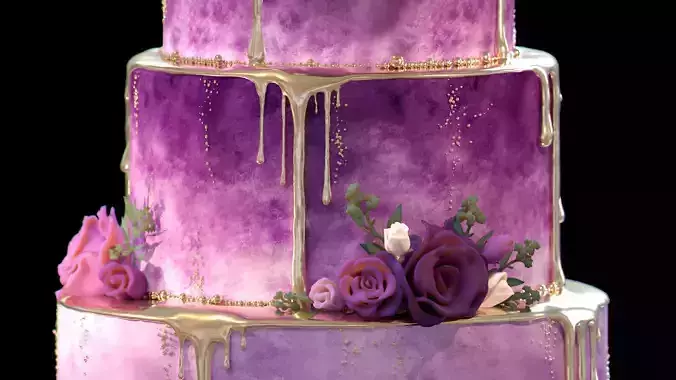 Luxury Wedding Cake with Flowers  Tiered Floral Purple  Gold Low-poly 3D model 4