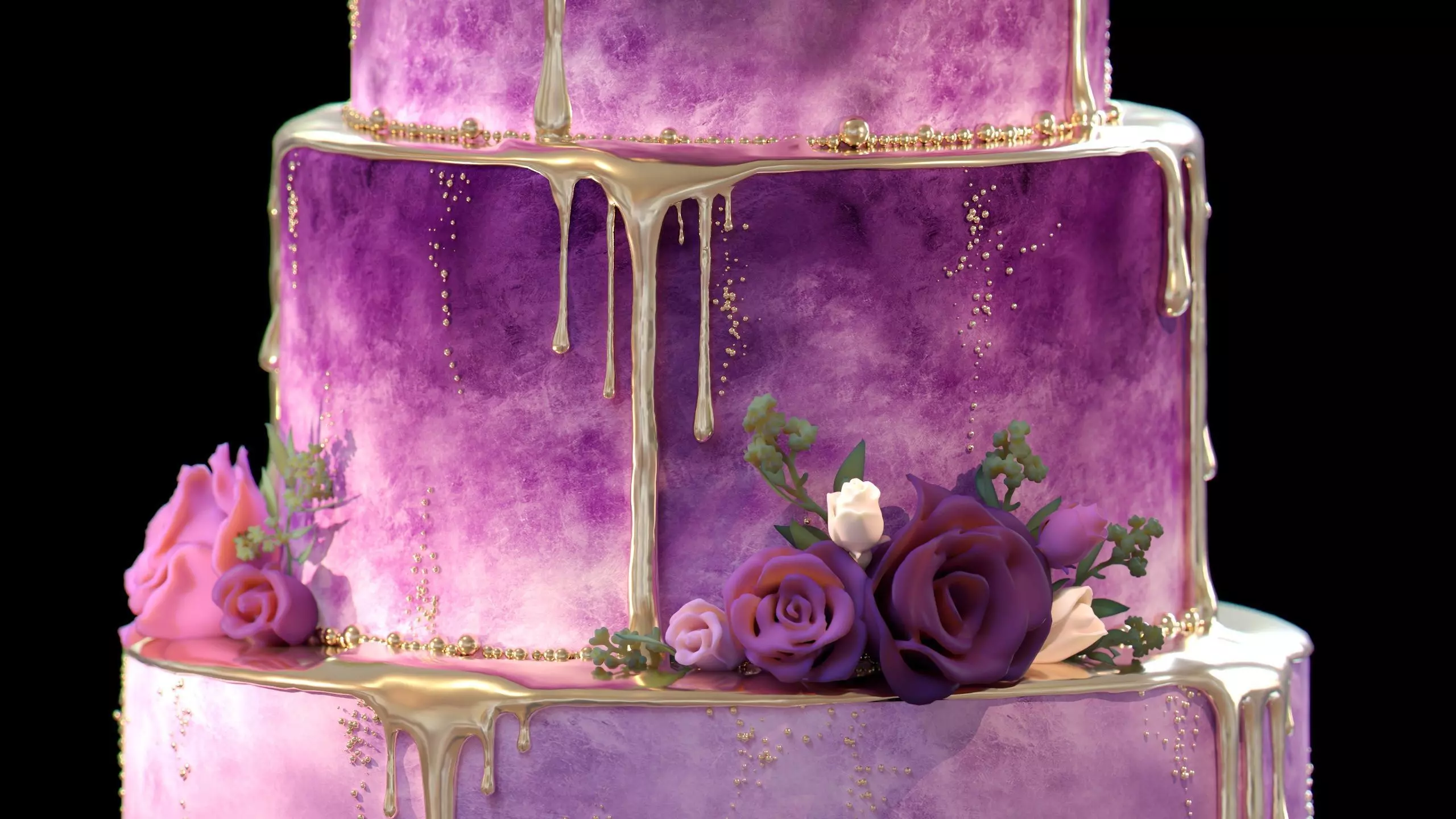 Luxury Wedding Cake with Flowers  Tiered Floral Purple  Gold Low-poly 3D model_5