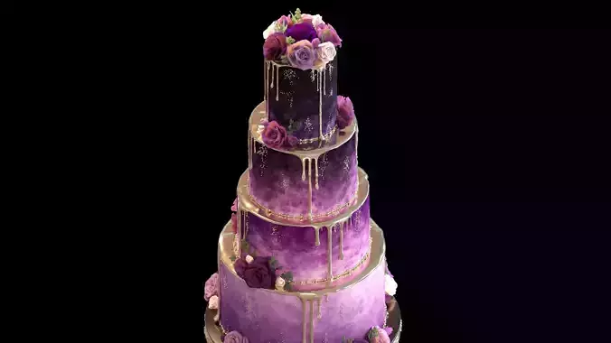 Luxury Wedding Cake with Flowers  Tiered Floral Purple  Gold Low-poly 3D model 6
