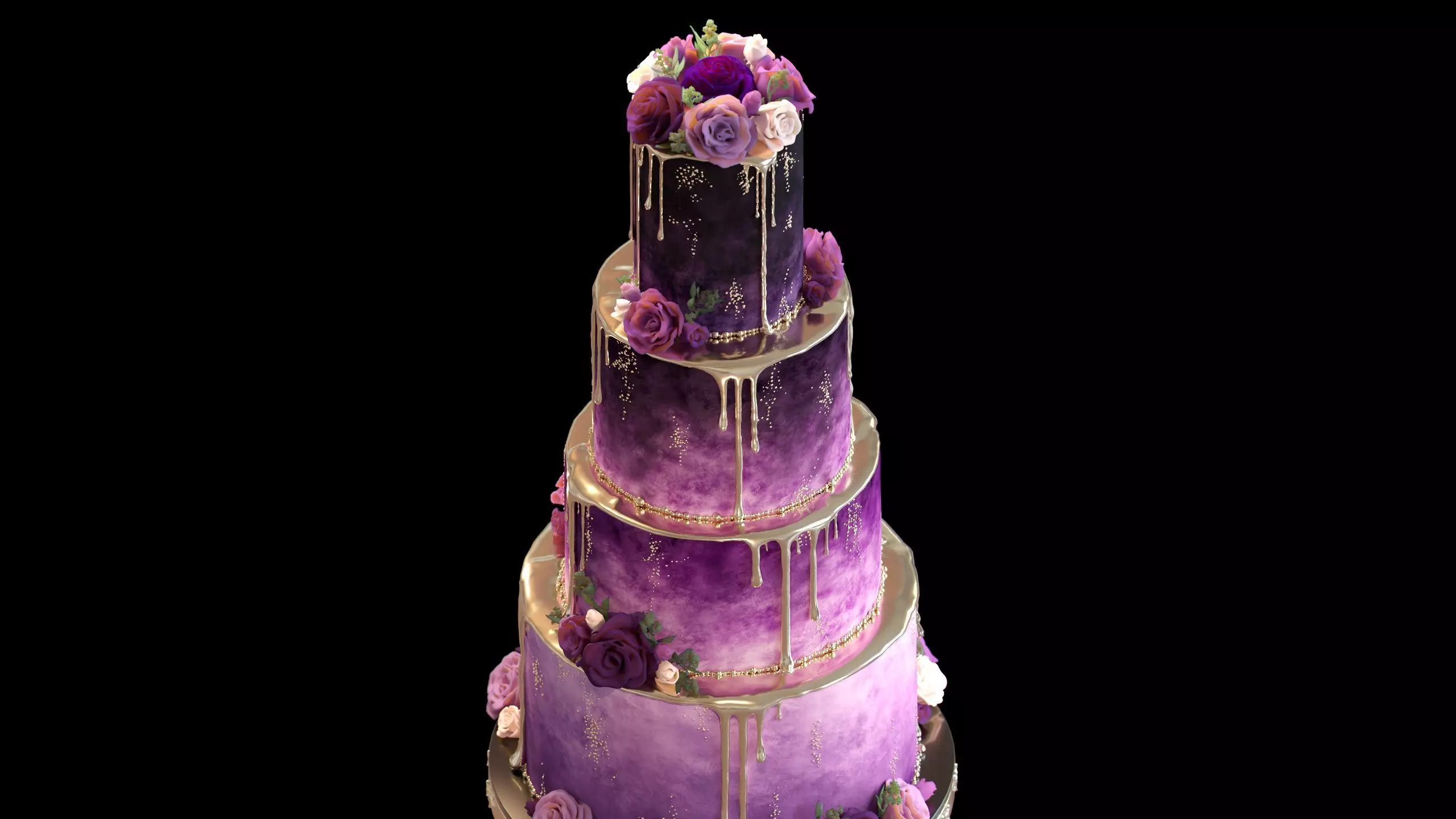 Luxury Wedding Cake with Flowers  Tiered Floral Purple  Gold Low-poly 3D model_7