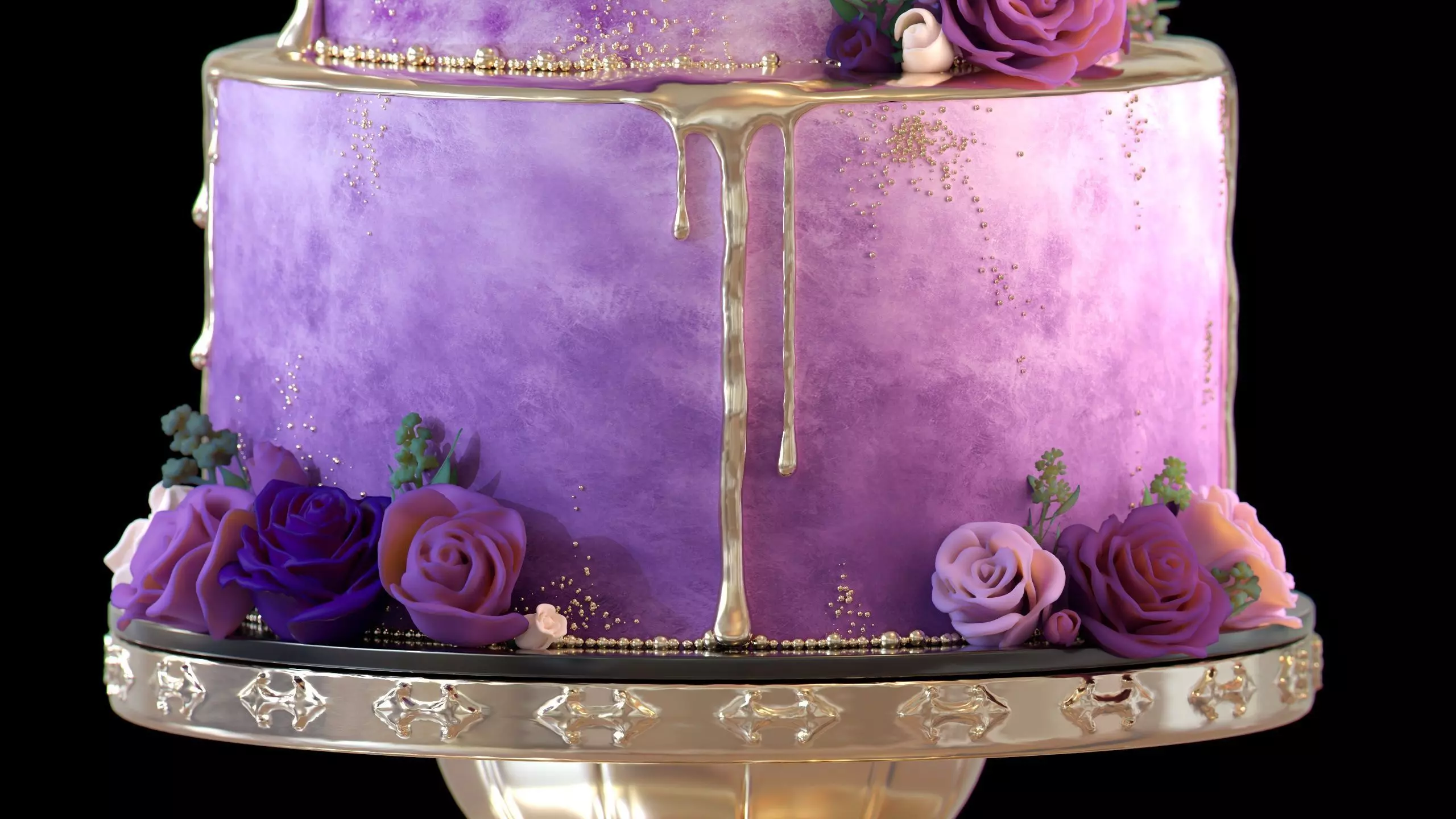 Luxury Wedding Cake with Flowers  Tiered Floral Purple  Gold Low-poly 3D model_13