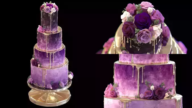 Luxury Wedding Cake with Flowers  Tiered Floral Purple  Gold Low-poly 3D model