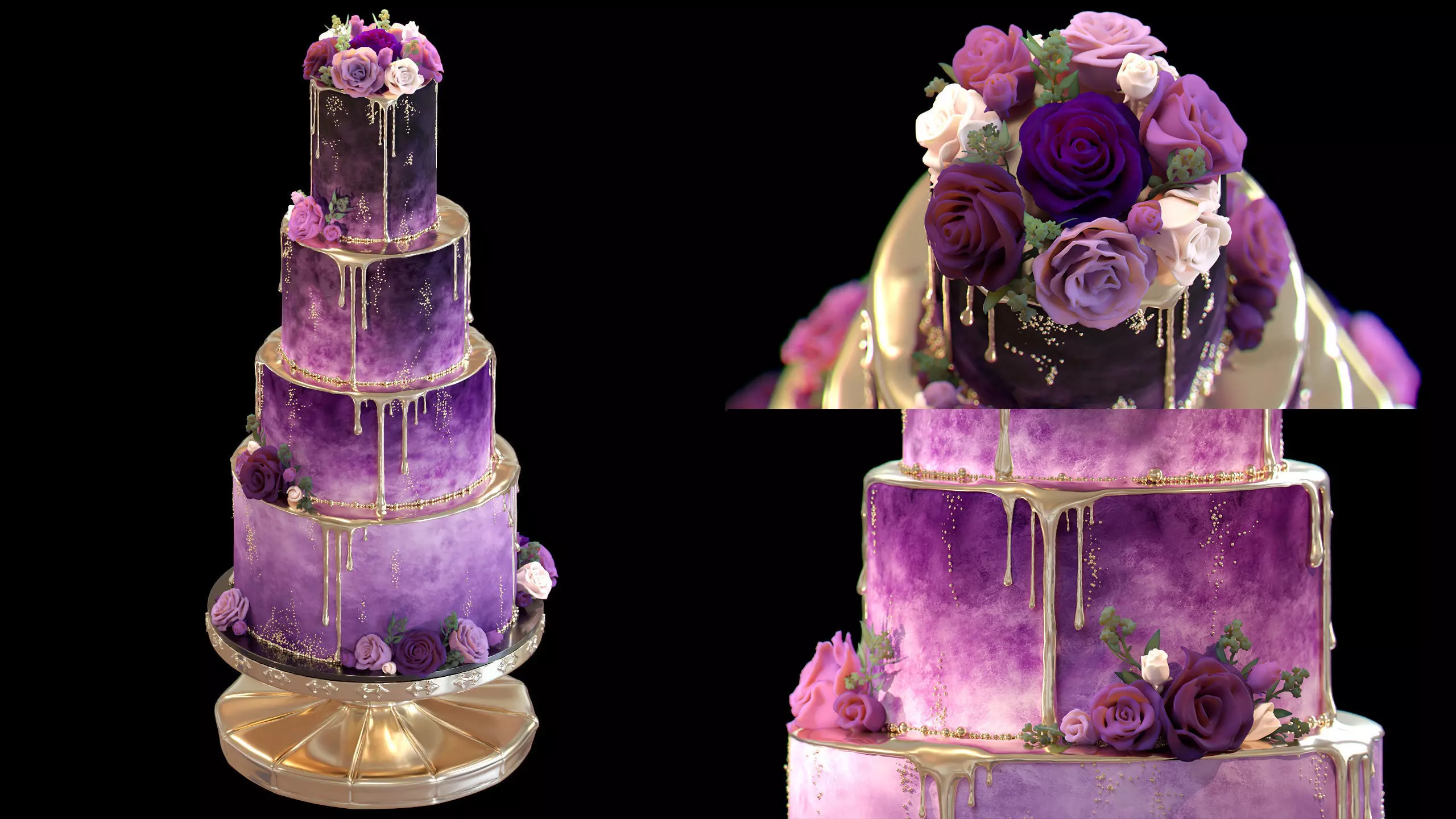 Luxury Wedding Cake with Flowers  Tiered Floral Purple  Gold Low-poly 3D model_0