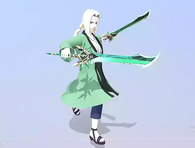 MMO RPG Tsunade Female Double Sword in Action 3D model