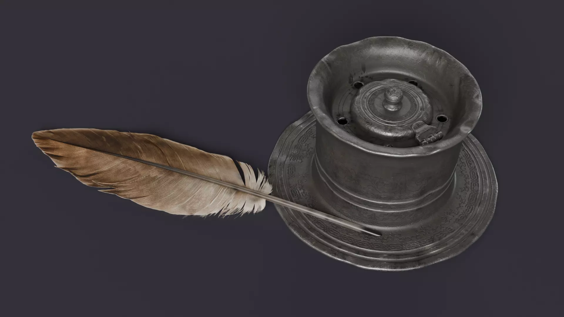 old inkwell and quill set 3D model_6
