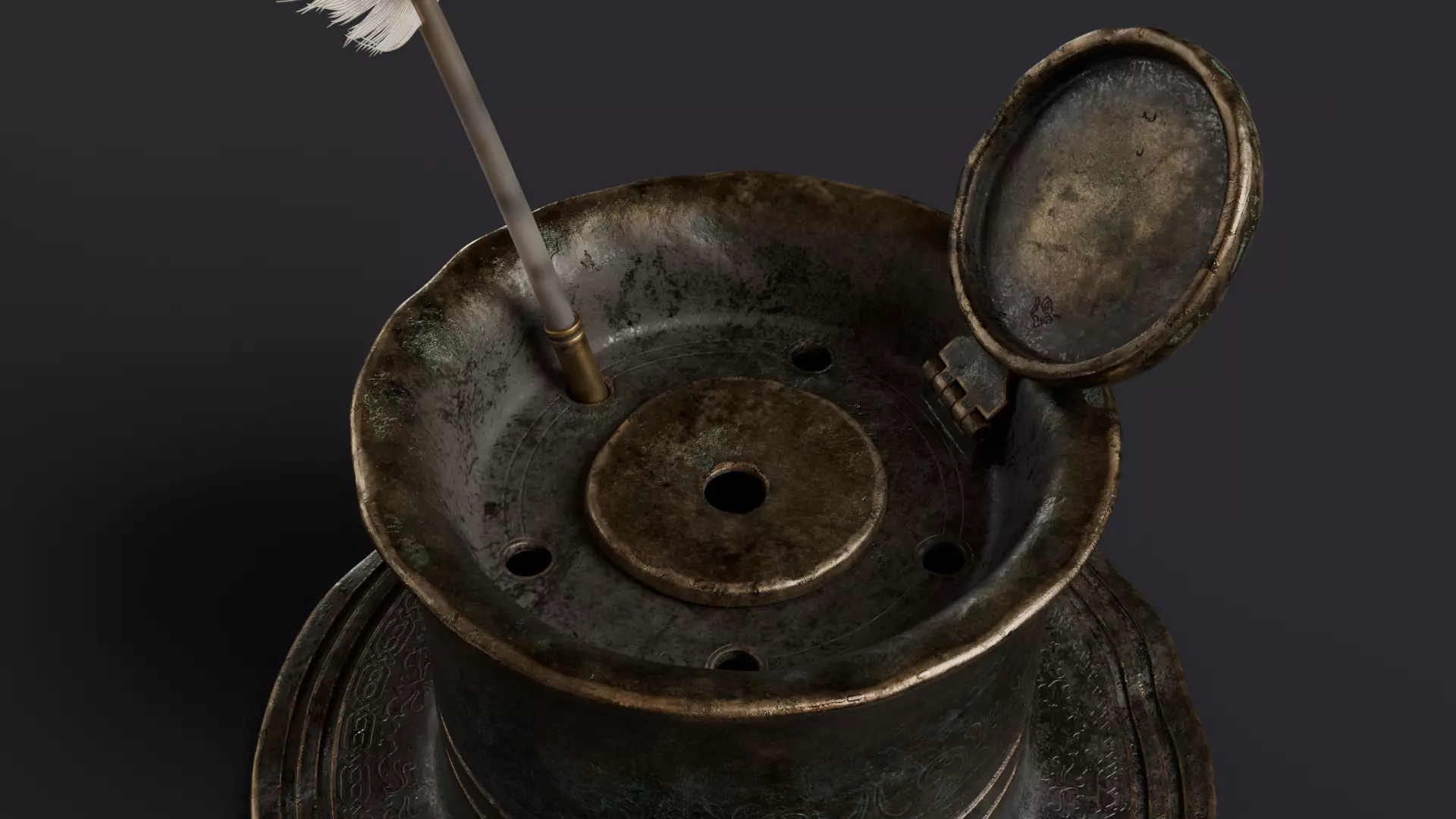 old inkwell and quill set 3D model_4
