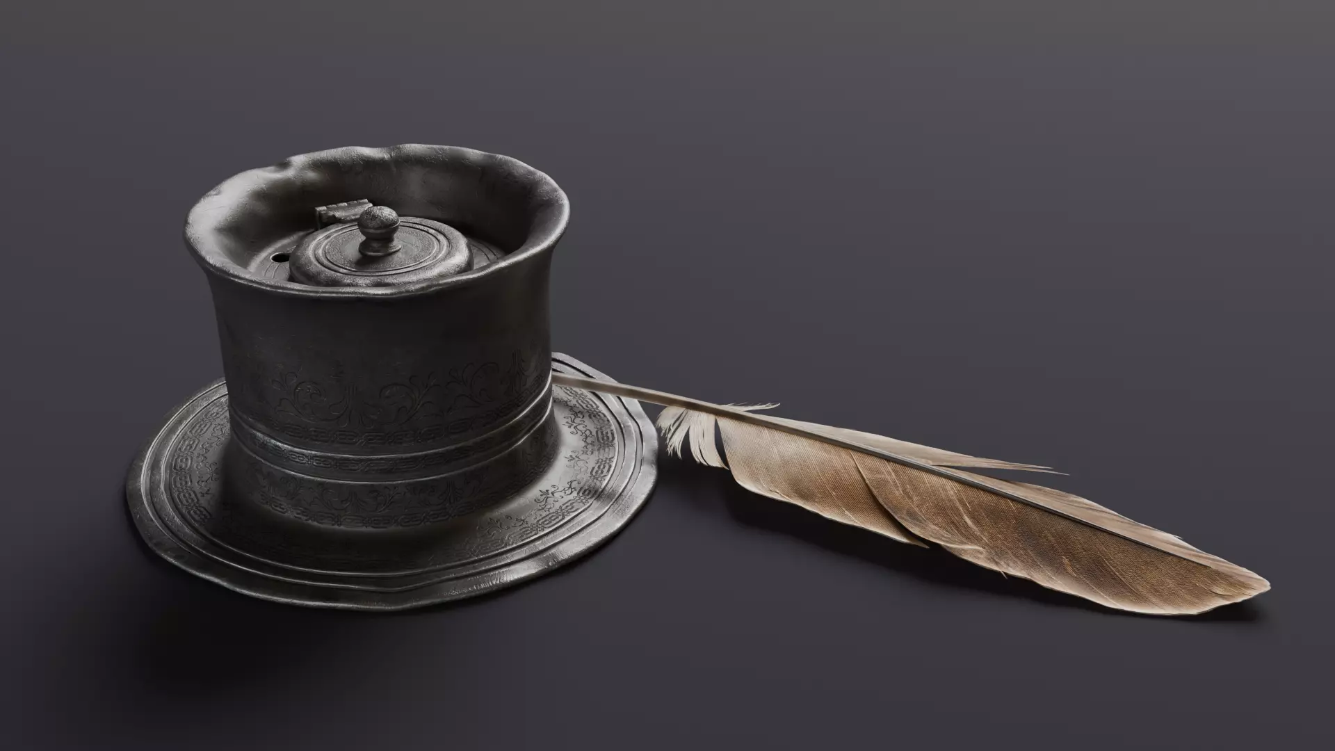old inkwell and quill set 3D model_7
