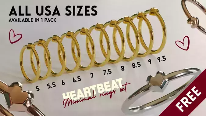 All size Womens rings pack-HEARTBEAT-minimal STL OBJ Resin print Free 3D print model