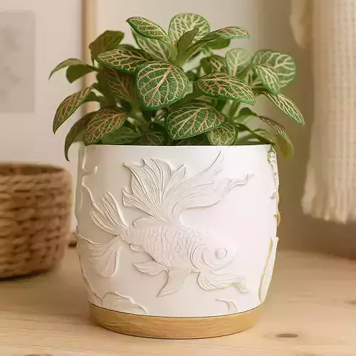 Golden Fish Plant Pot with Drainage No Supports 3D print model