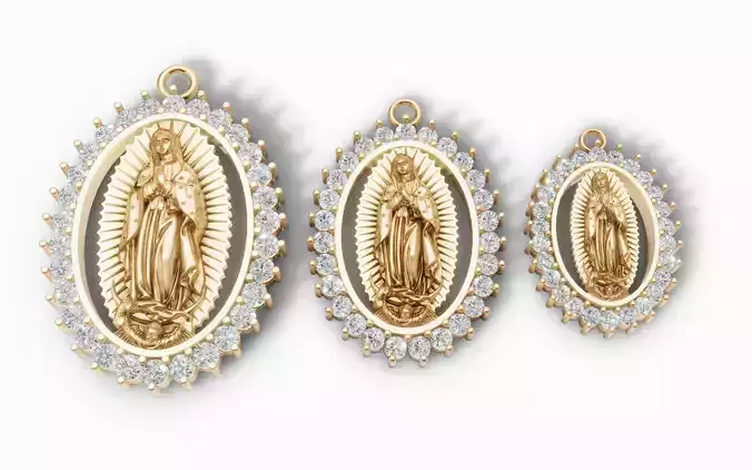 Virgin Mary Guadalupe Pendant 3D Set Three Sizes Diamond Halo