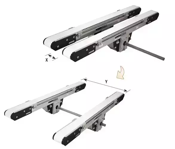 Automatic Width Adjustable Conveyor with Synchronized Twin Belts
