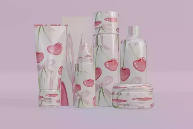 3D Product Pink Cherry Pattern Cosmetic Packaging Set