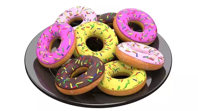Colored Donuts on a Plate Low-poly 3D model