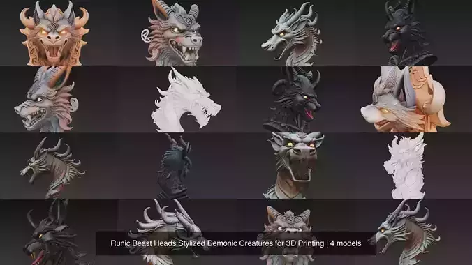 Runic Beast Heads Stylized Demonic Creatures for 3D Printing
