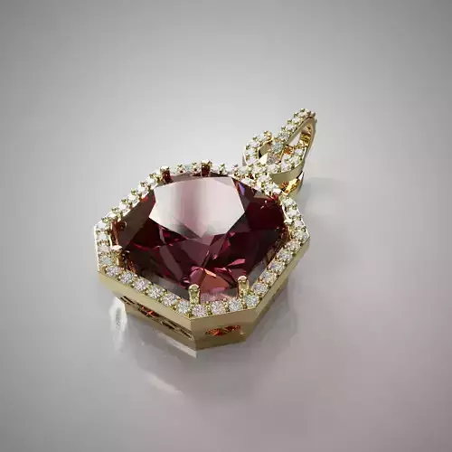 Hexagon Gold Pendant with Red Gemstone and Diamond Halo 3D Print
