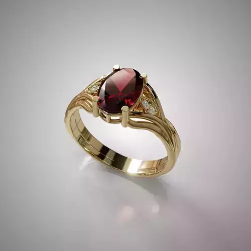 Gold Ring with Oval Red Gemstone and Diamond Accents 3D Print