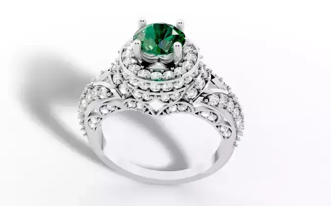 Ring 3D Model Large Center Stone Diamond Halo Design