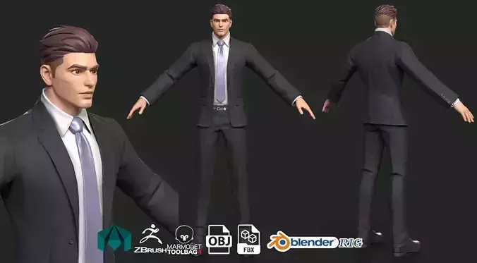 Rigged Lowpoly Cartoon Stylized Business man in suit zbrush  Low-poly 3D model
