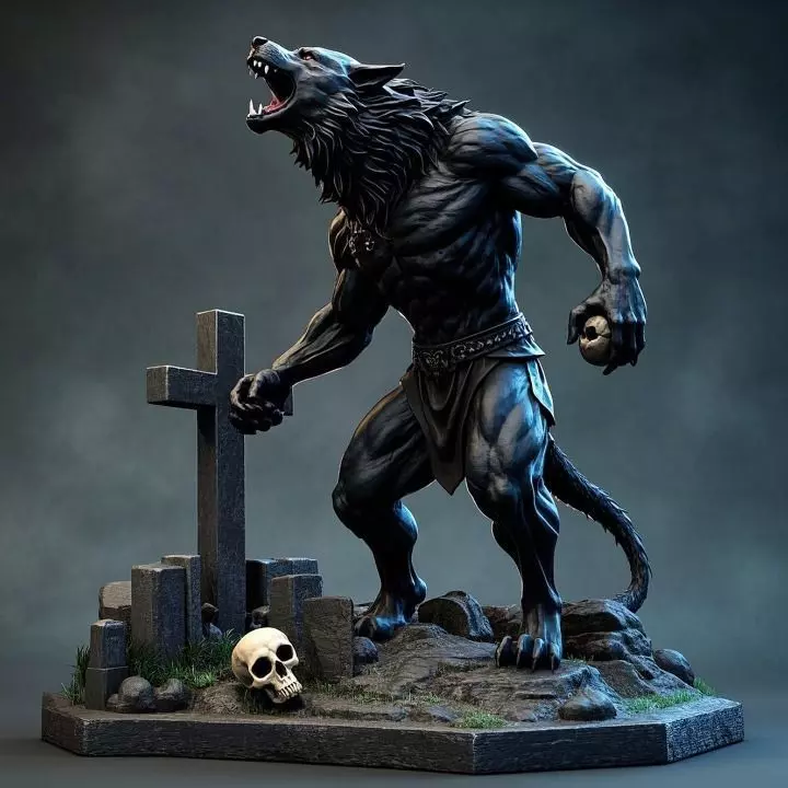 1707 COLORFUL Werewolf Howling with Skull 3D print model_0