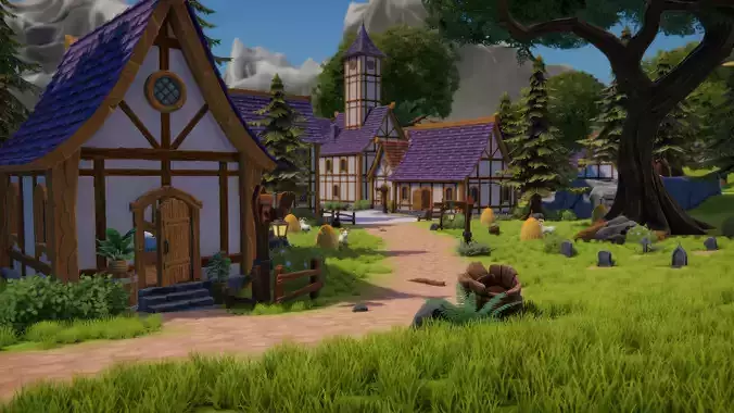 Stylized Medieval Village Low-poly 3D model
