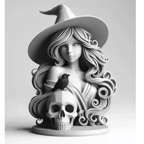1708  Witch with Raven and Skull  3D  Printed Statue