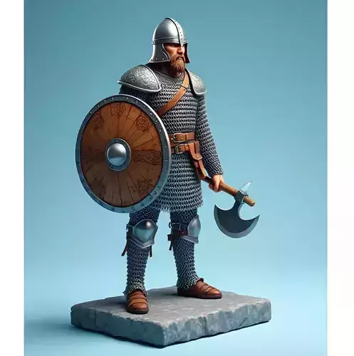 1709Color 3D Model of  Viking Warrior in Full Armor on Pedestal