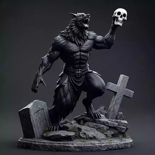 1710  COLORFUL Werewolf Howling with Skull  3D Model