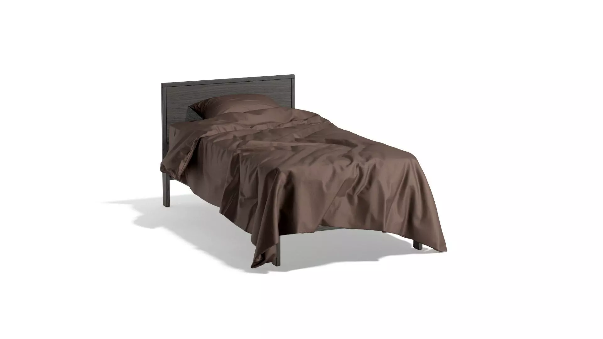 Brown Wooden Single Bed - twin singlebed with pillow mattress 3D model