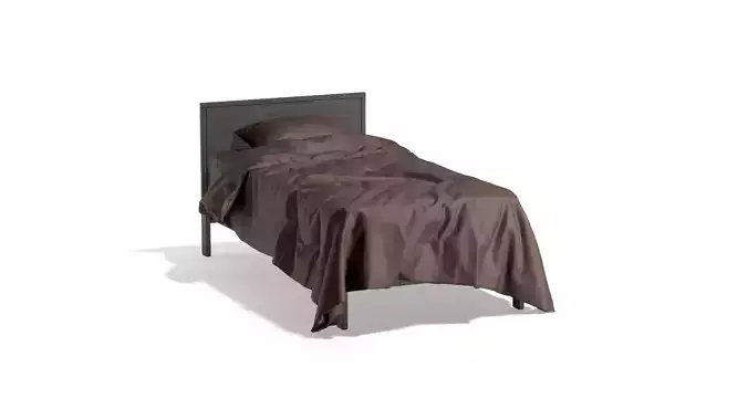 Brown Wooden Single Bed - twin singlebed with pillow mattress 3D model