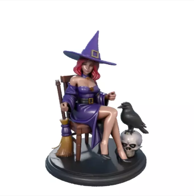 1711 Elegant Witch with Broom Raven and Skull Colorful 3D print model_2
