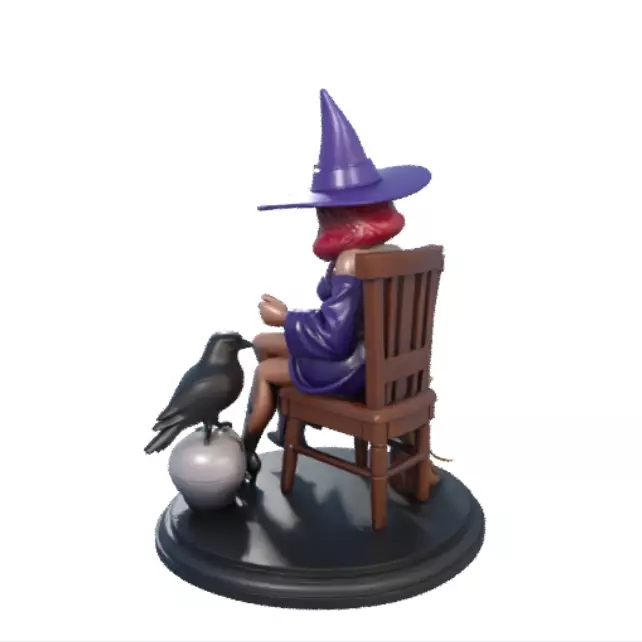1711 Elegant Witch with Broom Raven and Skull Colorful 3D print model_1