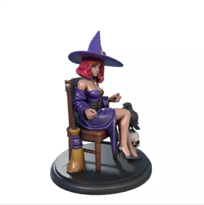 1711 Elegant Witch with Broom Raven and Skull Colorful 3D print model_3