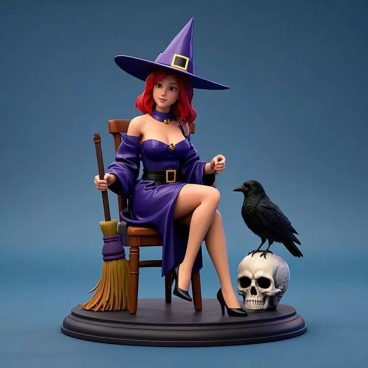 1711 Elegant Witch with Broom Raven and Skull Colorful 3D print model_0