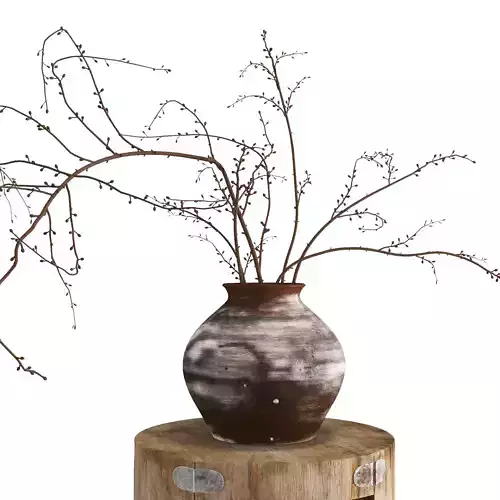 Dried Twig Rustic Clay Vase Vintage Wooden Stand