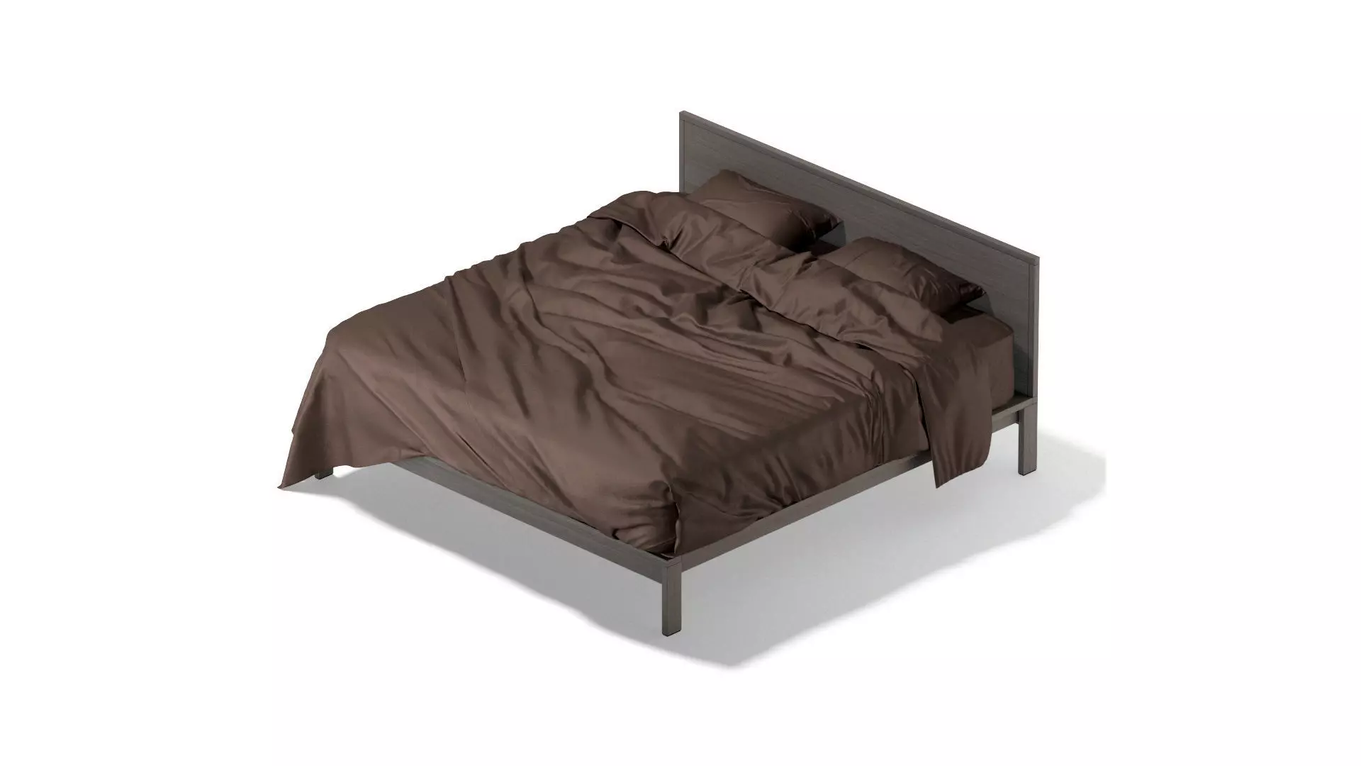 Brown Wooden Double Bed - king size with pillow and mattress 3D model_0