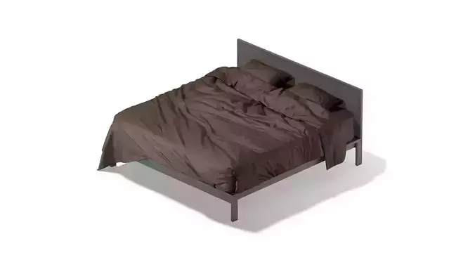 Brown Wooden Double Bed - king size with pillow and mattress 3D model