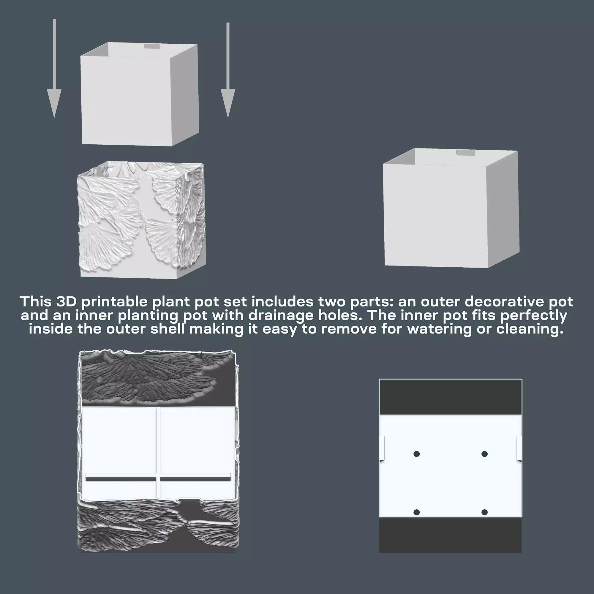 Ginkgo Biloba Plant Pot With Drainage No Supports 3D print model_2