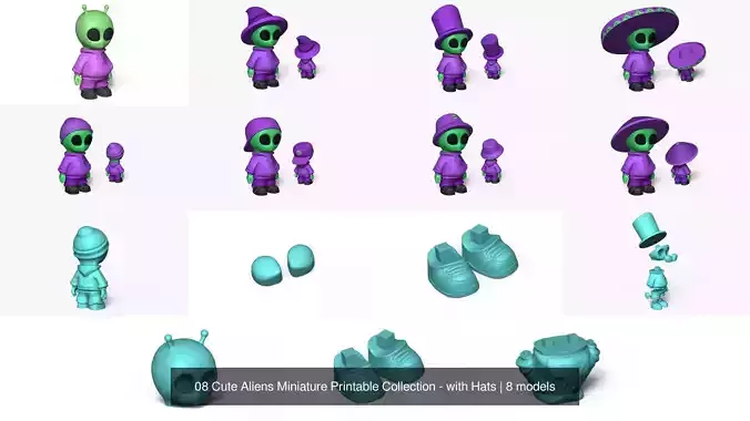 08 Cute Aliens Miniature Printable Collection - with Hats