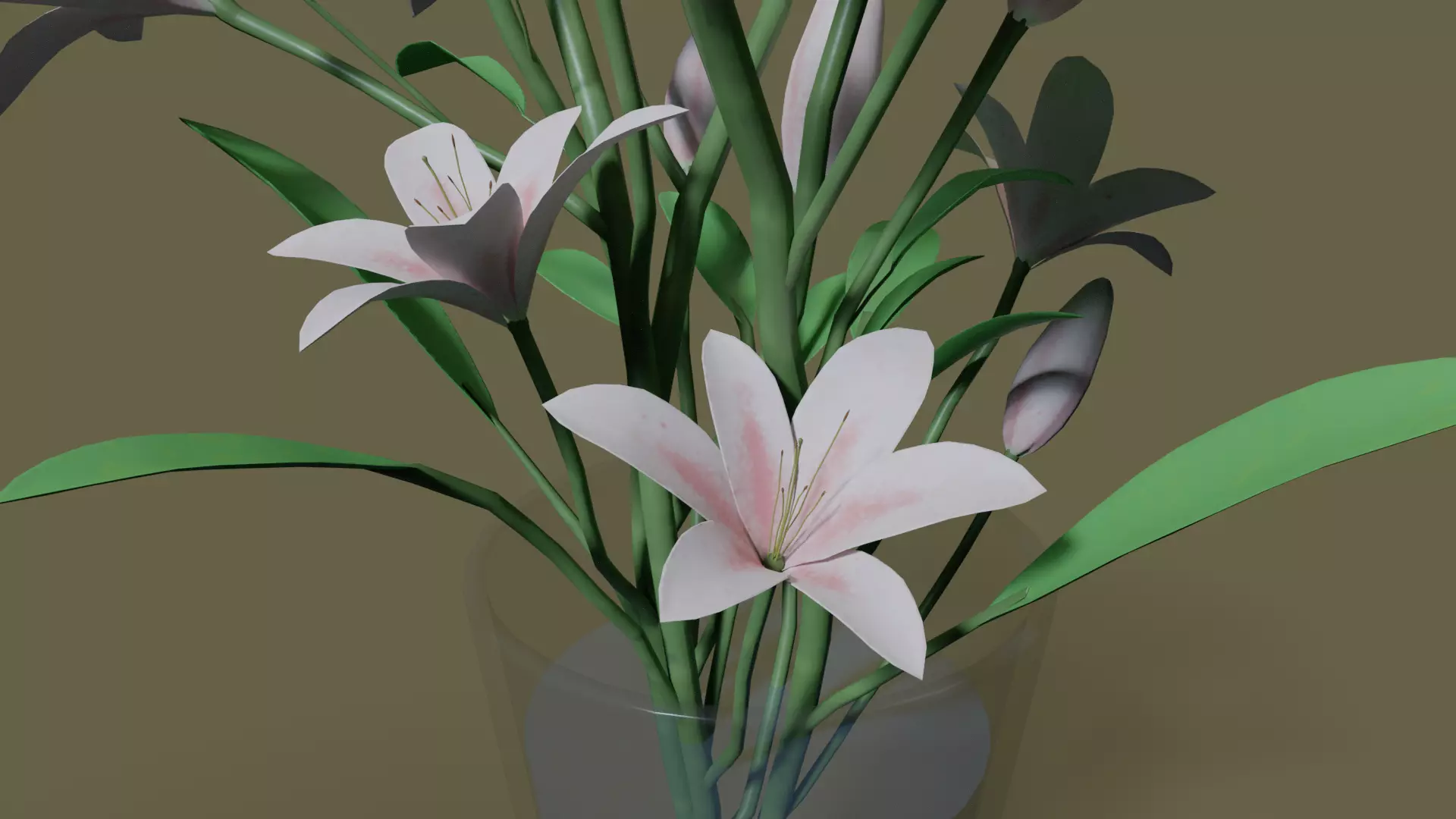 Lily Bouquet in Glass Vase with Water - 3D Model Low-poly 3D model_5