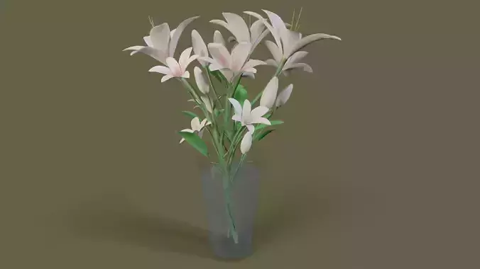 Lily Bouquet in Glass Vase with Water - 3D Model