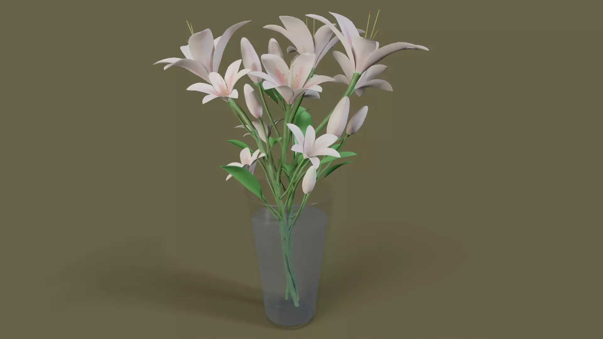 Lily Bouquet in Glass Vase with Water - 3D Model Low-poly 3D model_0