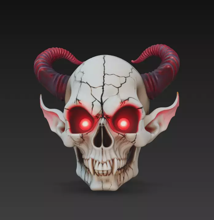 Horned Demon Skull with Long Ears - Stylized Fantasy 3D print model_0