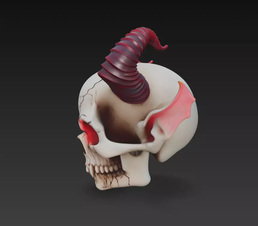 Horned Demon Skull with Long Ears - Stylized Fantasy 3D print model_5