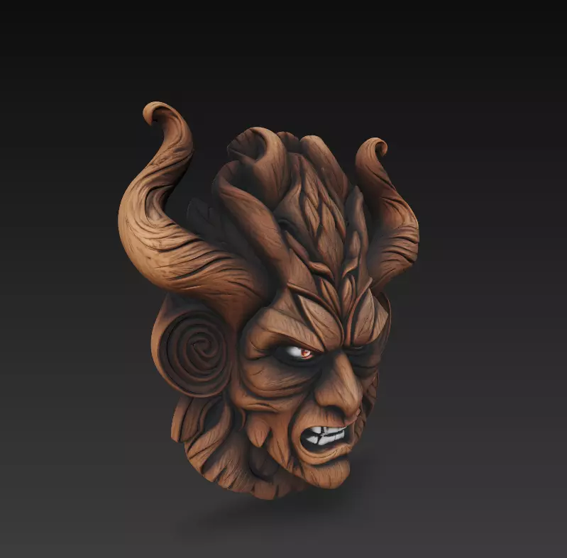 Forest Demon Mask - Twisted Horns Tribal Sculpture 3D print model_1