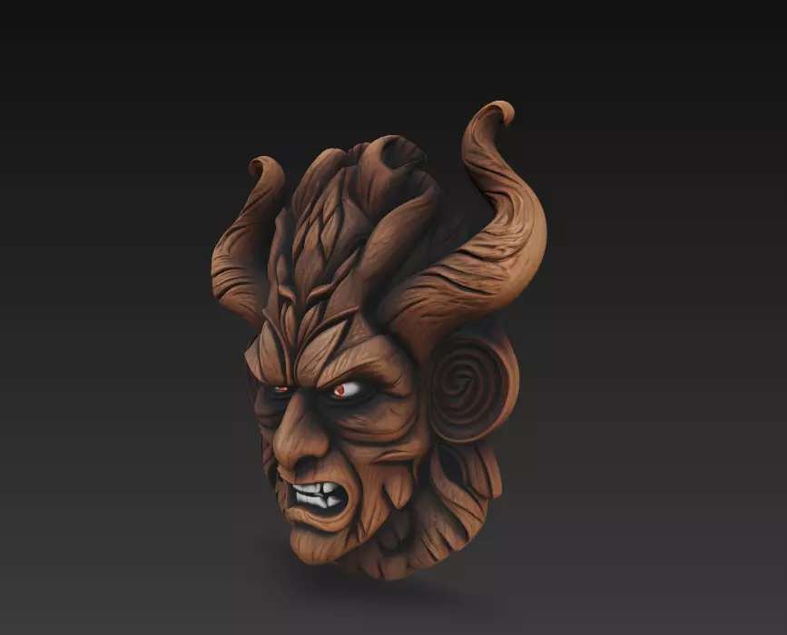 Forest Demon Mask - Twisted Horns Tribal Sculpture 3D print model_3