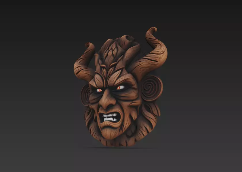 Forest Demon Mask - Twisted Horns Tribal Sculpture 3D print model_7